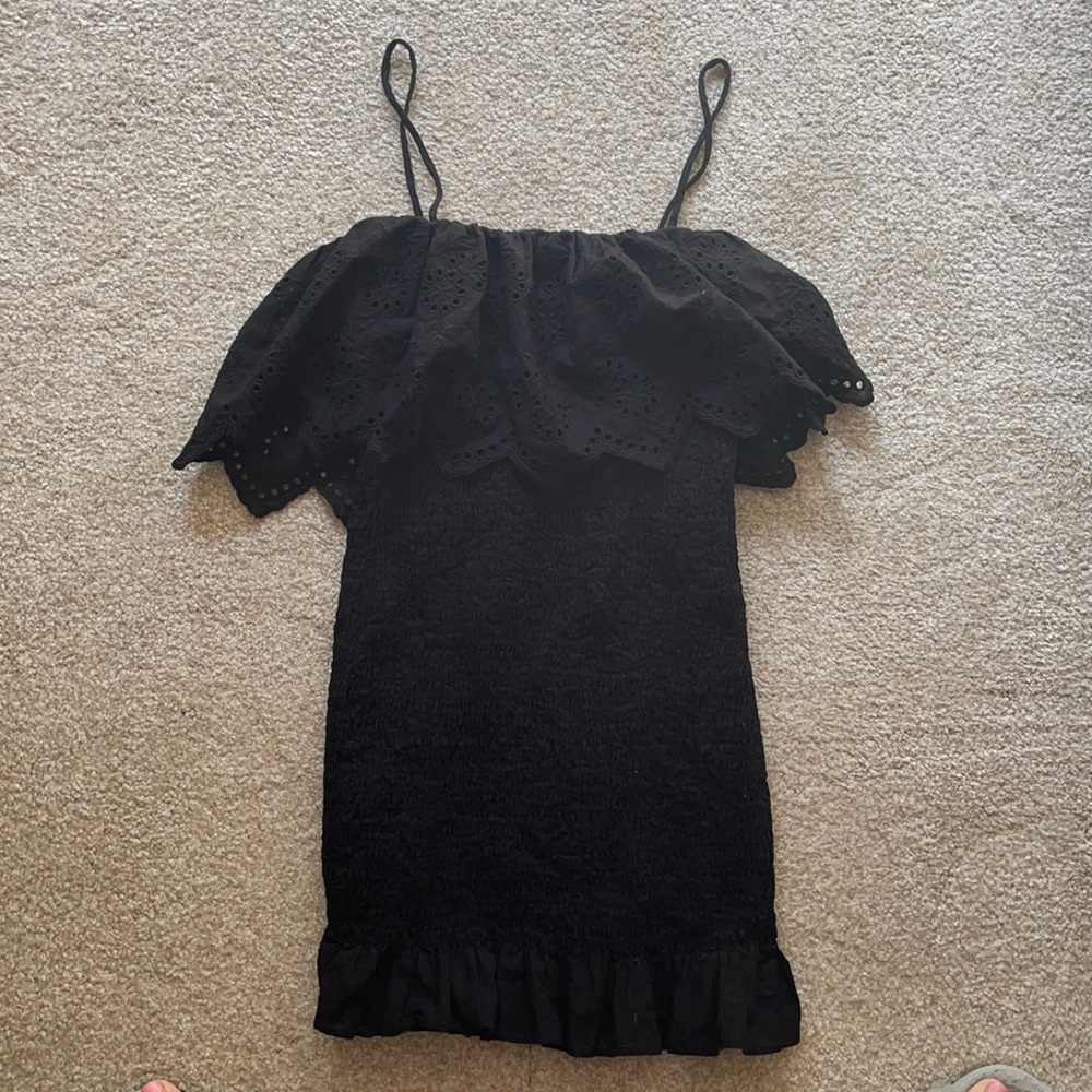 Black smocked mini dress